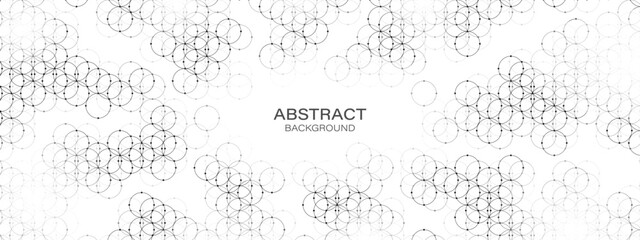 Abstract halftone background frame. Texture of intertwined circles, dots, particles. Strong network. Ornament pattern. Banner for presentation, business, technology, medicine, logo.