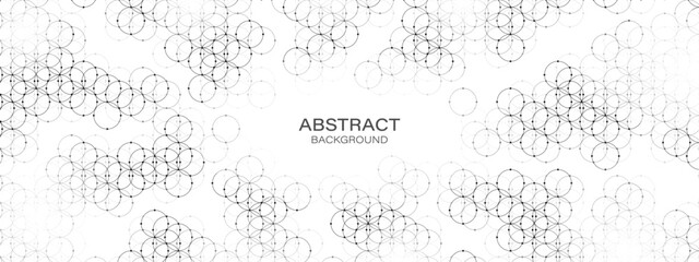 Abstract halftone background frame. Texture of intertwined circles, dots, particles. Strong network. Ornament pattern. Banner for presentation, business, technology, medicine, logo.