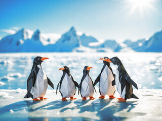 Adorable origami paper penguin family standing on ice near the sea in North Pole. Children's book illustration.