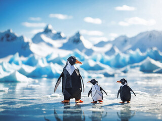 Adorable origami paper penguin family walking on ice in North Pole. Children's book illustration.