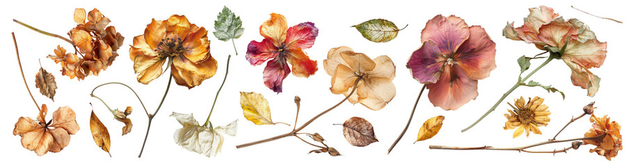 Collection, collage of dried flowers and leaves isolated on transparent banner background © Photocreo Bednarek