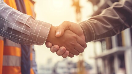 A contractual handshake between an engineer and a builder, symbolizing the beginning of joint work and interaction in the construction sector