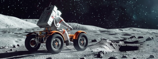 An astronaut in a space suit on a lunar rover, exploring the lifeless lunar surface, surrounded by craters and endless space