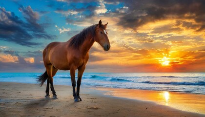 Dusk Delight: Horse Standing on Sandy Beach with Orange Sunset Sky