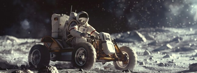 An astronaut in a space suit on a lunar rover, exploring the lifeless lunar surface, surrounded by craters and endless space - obrazy, fototapety, plakaty