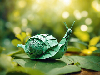 Adorable origami paper snail standing on a leaf in nature. Children's book illustration.
