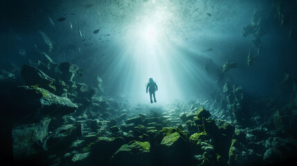 scuba diver gracefully navigates through the ocean depths. The azure waters provide a serene backdrop as the diver encounters colorful coral reefs and marine creatures