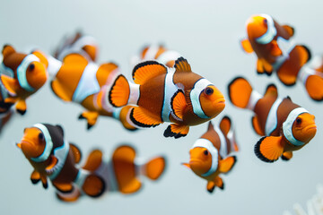 A vibrant group of clownfish with distinctive orange and white coloring swimming together in the clear waters of an aquarium..