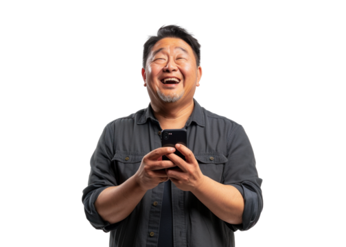 East Asian Man Smiling with Phone