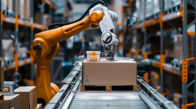 A robotic arm picking items off a conveyor belt and placing them in a box. The arm is moving quickly and accurately, and the items are being placed perfectly. The robot is working in a warehouse
