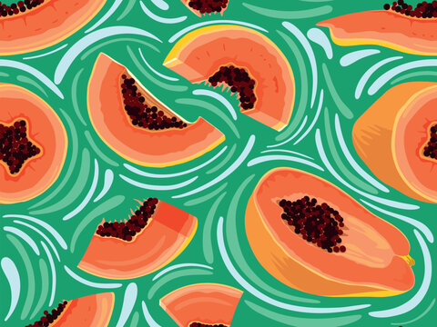 Hand drawn seamless pattern with bright papaya fruits, cut into slices and in half. Vector illustration, retro 1970s style.