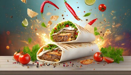 fresh grilled beef turkish or chicken arabic shawarma doner sandwich with flying ingredients