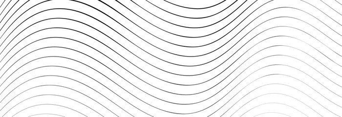 Black wavy lines that go from thin to thick. Striped waves drawn in ink. Abstract geometric background with monochrome water surface texture. Vector illustration of diagonal curved lines - obrazy, fototapety, plakaty