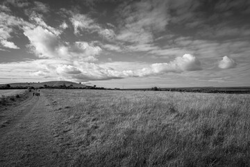 Landscape with footpath across large grass field near Pistone Hill area at Chilterns AONB in...