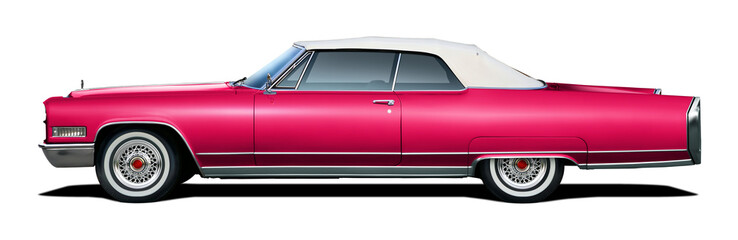 Classic American luxury car in dark pink color. With a convertible body and white soft top.