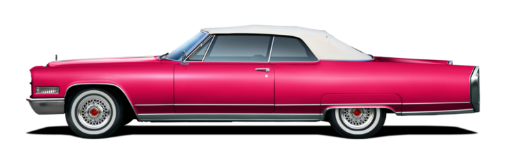 Classic American luxury car in dark pink color. With a convertible body and white soft top.
