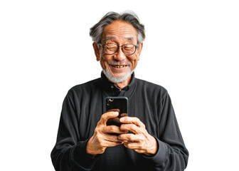 Senior Asian Man Smiling Using Smartphone