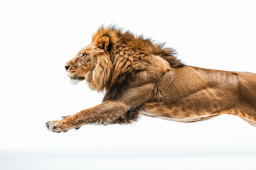 Obraz premium An impressive male lion is captured in full leap, showcasing its powerful physique and grace against a stark white backdrop..