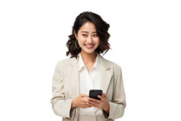 East Asian Woman With Phone Smiling