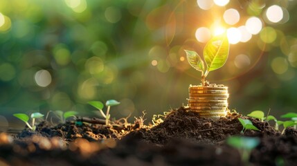 Inspirational image of a small plant growing on top of a stack of coins in soil, depicting financial growth and investment - obrazy, fototapety, plakaty