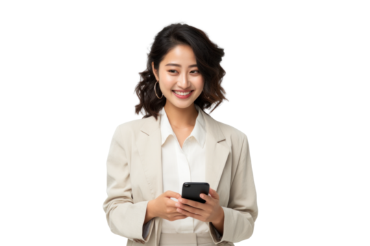 East Asian Woman With Phone Smiling