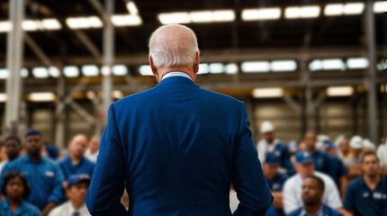 Democrat politician stands tall amidst a sea of supporters at rally. Back view of presidential candidate delivering a speech to factory workers - obrazy, fototapety, plakaty