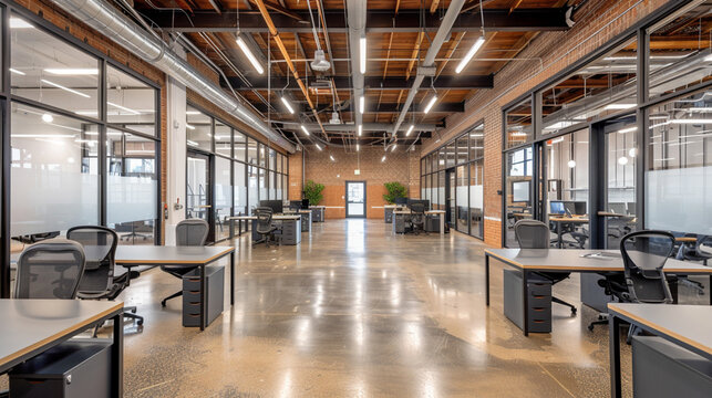 a large empty office with a large door that says conference