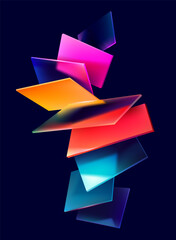 3D colorful squares and rectangles on dark background. Art geometric shapes in glass morphism style. Abstract vector design elements.