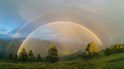 Naklejka premium Double Rainbow: A rare double rainbow stretching across the sky, offering a mesmerizing sight and doubling the magic of nature's colors, rainbow