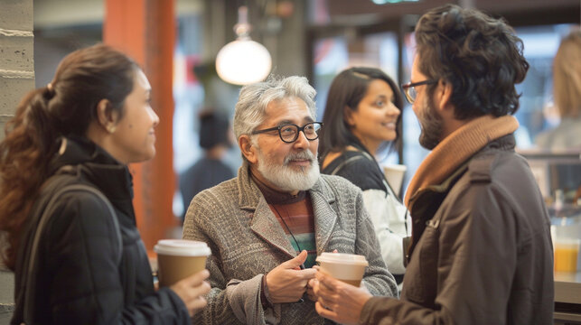 Casual Discussion: Candid photos of employees from different backgrounds engaging in informal discussions or coffee breaks, fostering a sense of camaraderie and connection, diversi