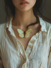 A pale yellow butterfly rests on the collar of a woman in a white shirt.