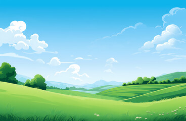 Obraz premium Sunny Storybook Grassland with Rolling Hills and Blue Sky, Children’s Illustration