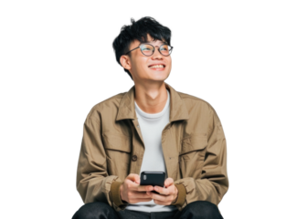 Young East Asian Man with Phone Smiling