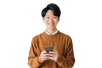 East Asian Man Smiling With Smartphone