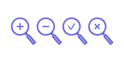 3D Set of magnifying glass icons with a check mark and a cross . Trendy and modern vector in 3d style