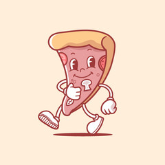 Funny pizza mascot in vintage cartoon style vector illustration