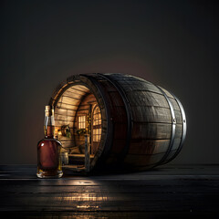 A cozy, rustic cabin nestled within the warm embrace of a bourbon barrel, with a whiskey bottle prominently displayed in the foreground