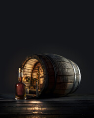 A cozy, rustic cabin nestled within the warm embrace of a bourbon barrel, with a whiskey bottle prominently displayed in the foreground - obrazy, fototapety, plakaty