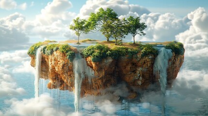 A 3D-rendered floating island in the sky with landscapes of sponge cake - obrazy, fototapety, plakaty