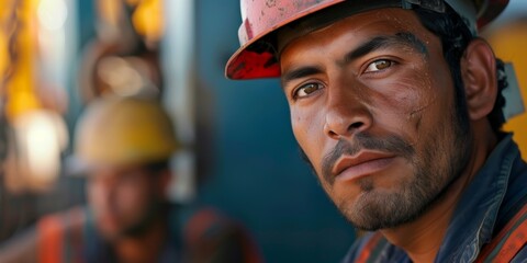 Workers in safety gear, against the backdrop of a massive offshore oil rig in the sea. Generative AI.