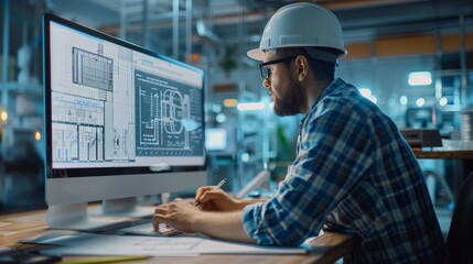 Over the Shoulder Shot of Engineer Working with CAD Software on Desktop Computer, Screen Shows Technical Drafts and Drawings. In the Background Engineering Facility Specialising on Industrial Design
