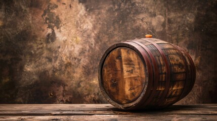 Wooden barrel on table with wall background