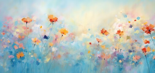 Obraz na płótnie Canvas beautiful dreamlike scenery oil painting style spring flower blossoming artful illustration background, fantasy whimsical atmosphere, Generative Ai