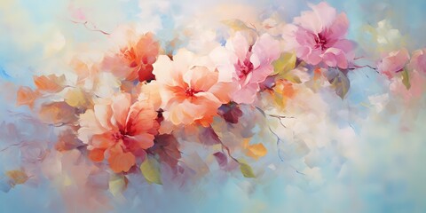 Obraz na płótnie Canvas beautiful dreamlike scenery oil painting style spring flower blossoming artful illustration background, fantasy whimsical atmosphere, Generative Ai