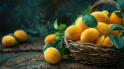 Marian plum fruit and leaves in basket on wooden background, tropical fruit Name in Thailand Sweet Yellow Marian Plum - obrazy, fototapety, plakaty