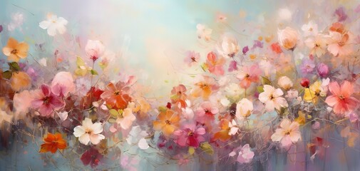 Obraz na płótnie Canvas colorful cosmos field, wildflowers beautiful dreamlike scenery oil painting style spring flower blossoming artful illustration background, fantasy whimsical atmosphere, Generative Ai