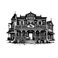 Cartoon Black and White Isolated Illustration Vector Of A Wild West Saloon Pub Building
