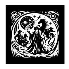 Cartoon Black and White Isolated Illustration Vector Of A Wizard Casting Spells