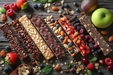 Assorted granola bars featuring nuts and fruit on rustic wood table
