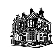 Cartoon Black and White Isolated Illustration Vector Of An Old English Pub Building